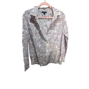 Lands End No Iron Supima Cotton Paisley Button Down Shirt Womens 18 Purple Blue